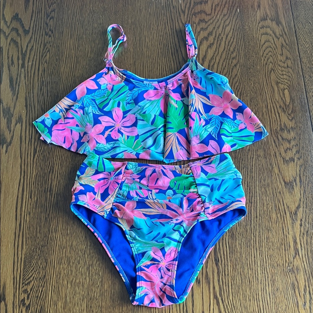 Girls Floral Ruffle Tank Two-Piece Swim Set - Blue & Pink